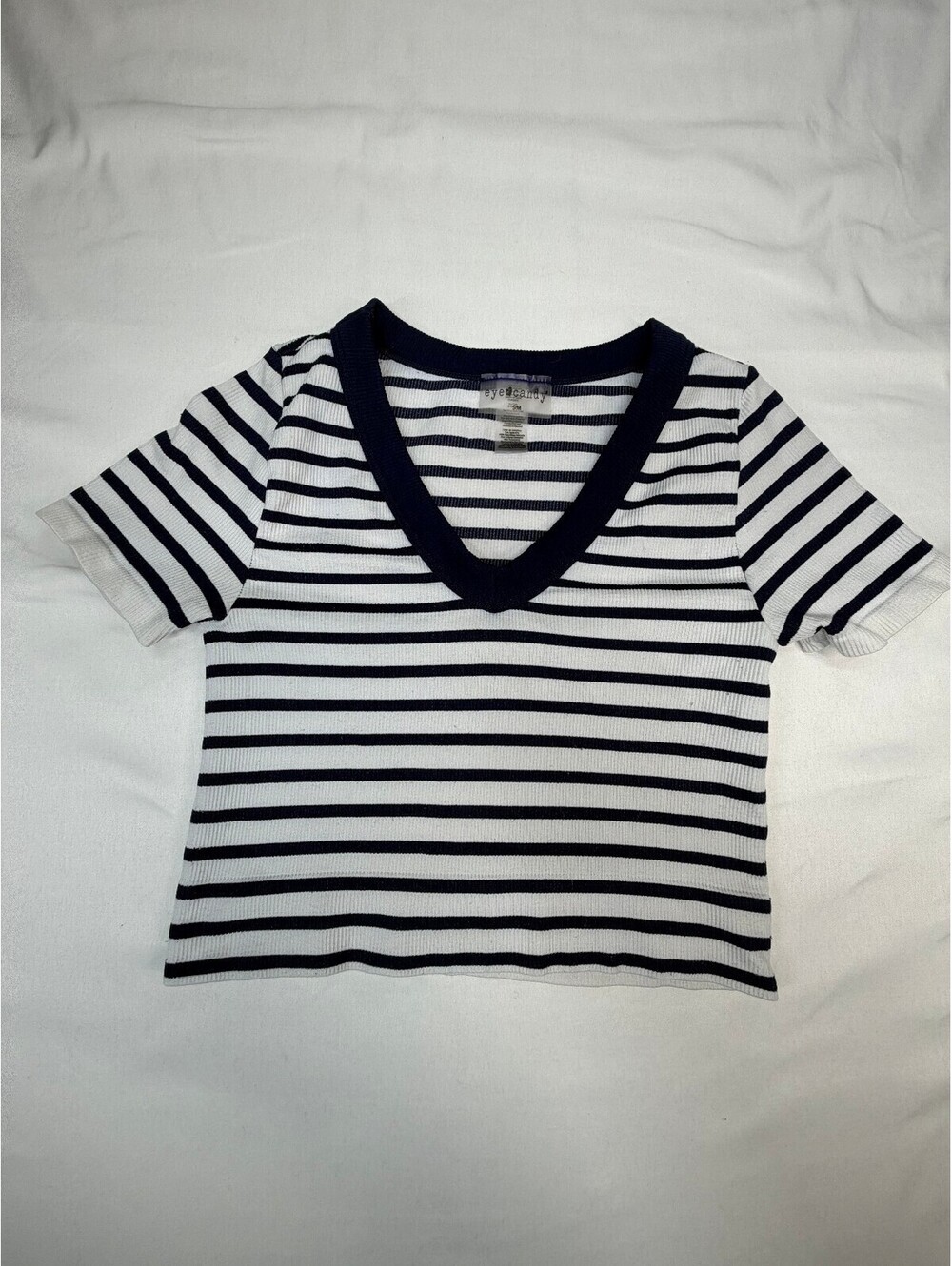 Eye Candy Women's Crop Top V-Neck Ribbed-Knit Striped Size Small Blue White
